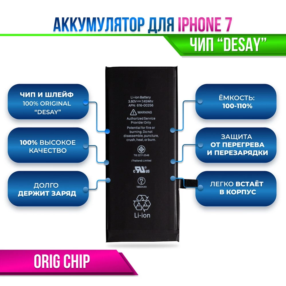 Аккумулятор для iPhone 7 Orig Chip "Desay" (отображает % ёмкости в настройках) купить оптом рис 6