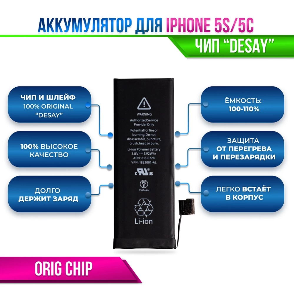 Аккумулятор для iPhone 5S / 5C Orig Chip "Desay" (Восстановленный оригинал) купить оптом рис 9