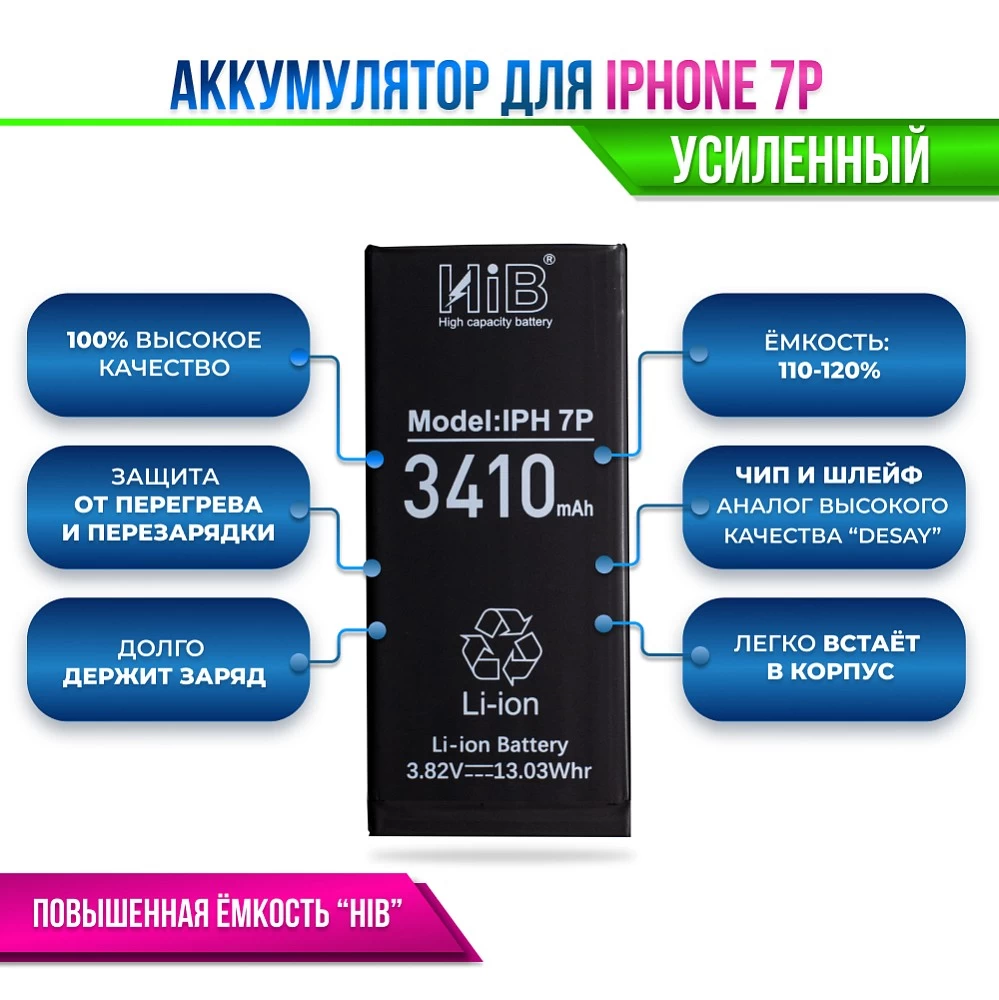 Аккумулятор для iPhone 7 Plus с повышенной ёмкостью (3410 mAh) "HIB" Original купить оптом рис 5