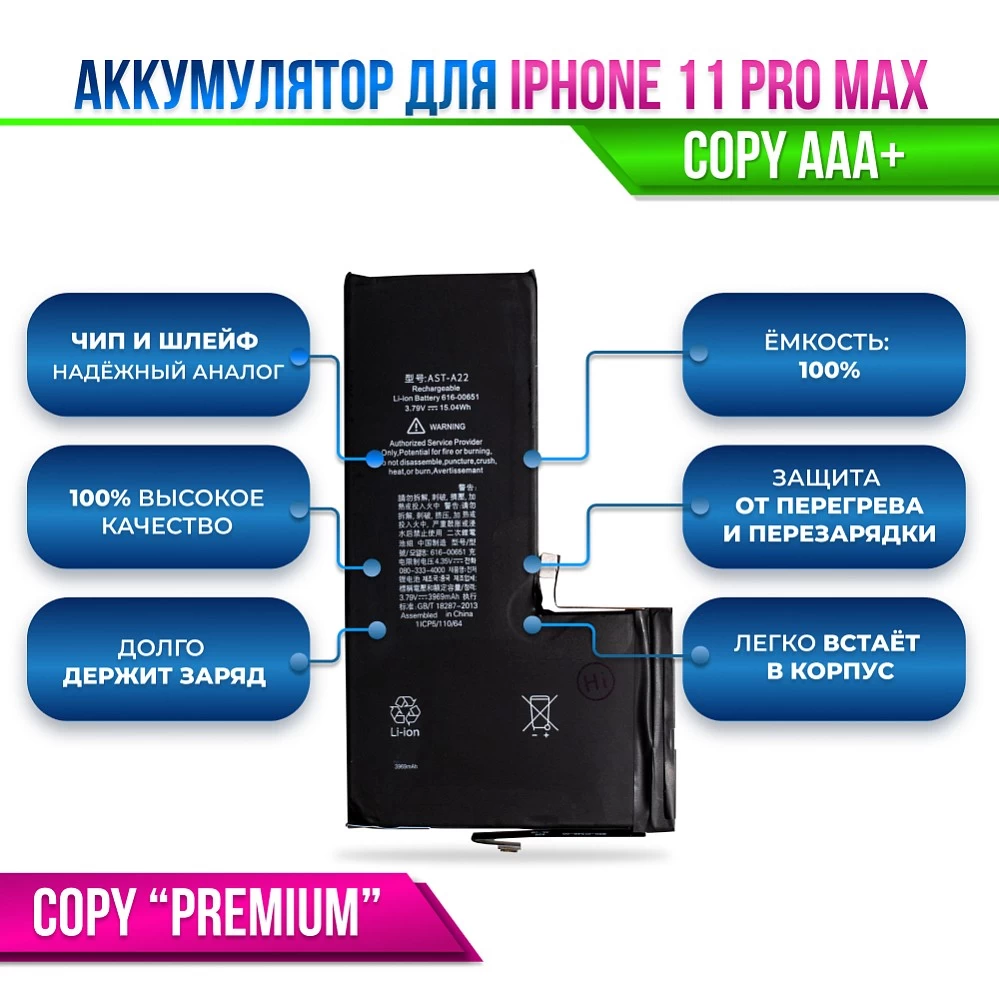 Аккумулятор для iPhone 11 PRO MAX Premium купить оптом рис 2